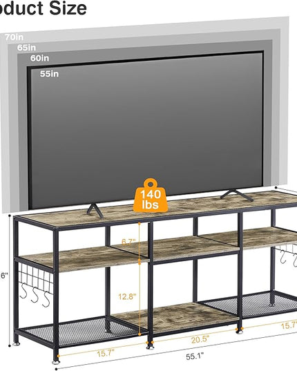 VECELO 55" TV Stand for 55/60/65 Inch Television, Entertainment Center with Storage Shelves & Hooks, 3-Tier Modern Wooden Console Table for Living, Bedroom and Gaming Room, 55 Inch, Oak Grey - LeafyLoom