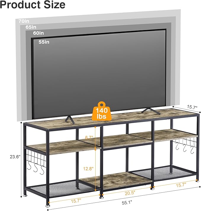 VECELO 55" TV Stand for 55/60/65 Inch Television, Entertainment Center with Storage Shelves & Hooks, 3-Tier Modern Wooden Console Table for Living, Bedroom and Gaming Room, 55 Inch, Oak Grey - LeafyLoom
