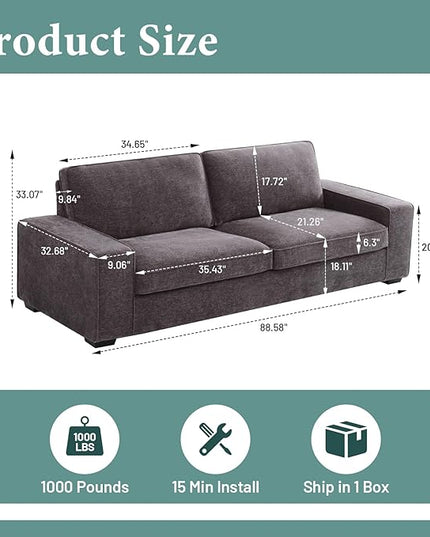 EASELAND Sofa Couch, 88" Chenille Loveseat for Living Room, 3 Seat Lounge Sofa for Bedroom with Removable Back and Seat Cushions, Modern Deep Comfy Couch with Solid Wood Legs and Armrest (Dark Grey) - LeafyLoom
