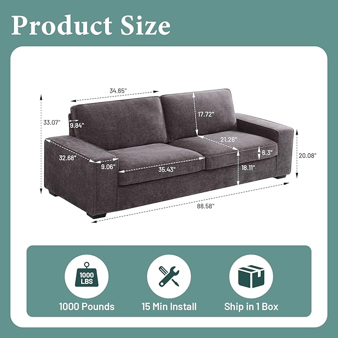 EASELAND Sofa Couch, 88" Chenille Loveseat for Living Room, 3 Seat Lounge Sofa for Bedroom with Removable Back and Seat Cushions, Modern Deep Comfy Couch with Solid Wood Legs and Armrest (Dark Grey) - LeafyLoom