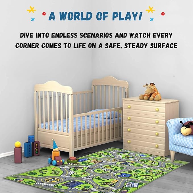 ToyVelt Kids Carpet Playmat Car Rug – Educational Road Traffic Carpet Multi Color Play Mat - X-Large 71" x 39" Best Kids Rugs for Playroom & Kid Bedroom – for Ages 3-12 Years Old - LeafyLoom