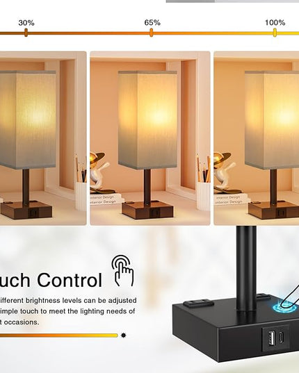 Touch Bedside Table Lamp For Nightstand - 3-Way Dimmable Night Lamp with USB A + Type C Charging Ports and two AC Outlets, Small Desk Light with E26 LED Bulb for Bedroom Living Room Office, Grey Black - LeafyLoom