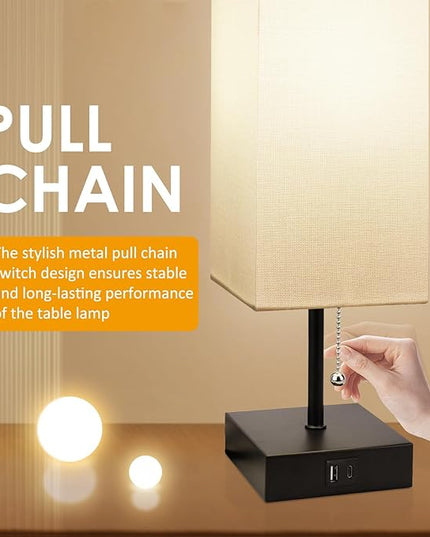 Bedside Table Lamp, Pull Chain for Bedroom with USB-C USB-A Charging Ports, 2700K LED Bulb with Fabric Lampshade, Nightstand Lamp for Living Room Bedroom Office Study Room (White) - LeafyLoom