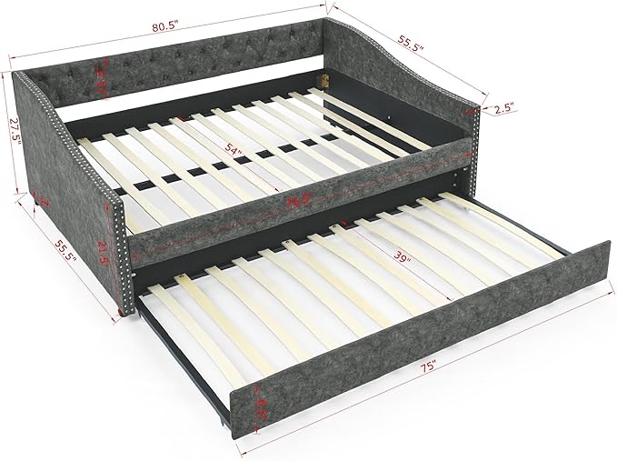 Full Size Upholstered Daybed with Twin Trundle, Wooden Sofa Bed w/Button Tufted Backrest and Waved Shape Arms, No Box Spring Needed, for Living Room, Bedroom, Dorm, Grey - LeafyLoom