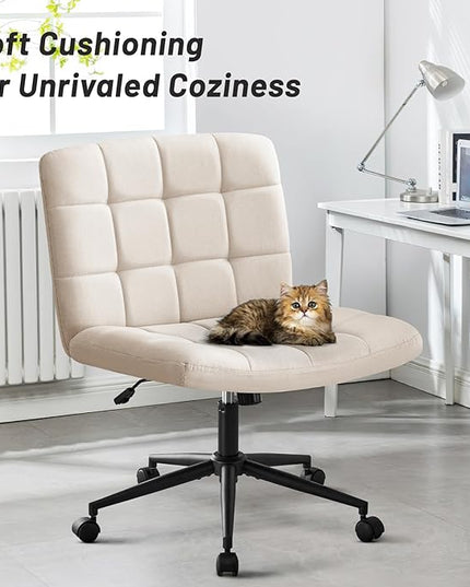 Furniliving Home Office Desk Chair with Wheels,Criss Cross Legged Wide Chair Armless Height Adjustable Chair with Mid Back Swivel Accent Vanity Chairs,Linen-Beige - LeafyLoom