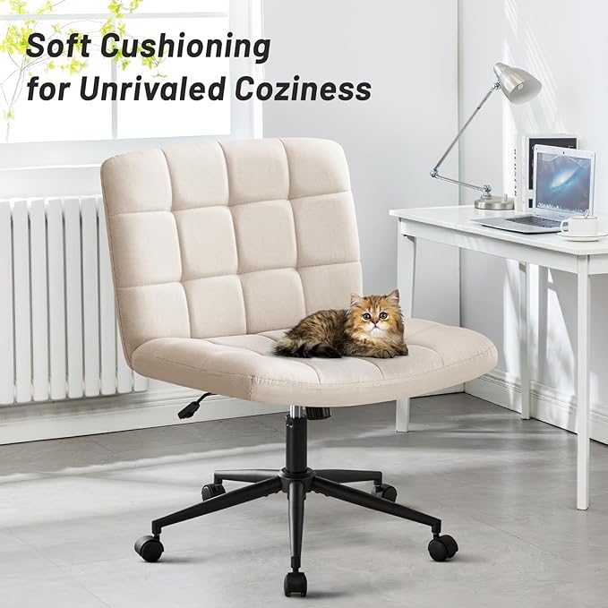 Furniliving Home Office Desk Chair with Wheels,Criss Cross Legged Wide Chair Armless Height Adjustable Chair with Mid Back Swivel Accent Vanity Chairs,Linen-Beige - LeafyLoom