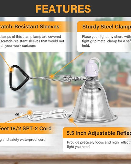 Simple Deluxe Clamp Lamp Light 60 Watt with 5.5 Inch Aluminum Reflector (no Bulb Included), 6 Feet Cord, 2 Pack, White - LeafyLoom