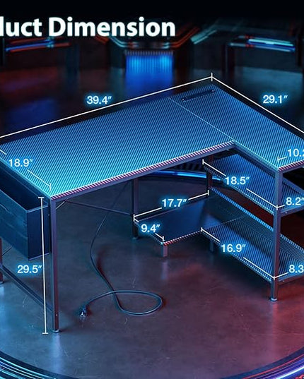 ODK 40 Inch Small L Shaped Gaming Computer Desk with Power Outlets,Corner Desk with Reversible Storage Shelves & PC Stand for Small Space, Modern Simple Home Office Table, Carbon Fiber Surface, Black - LeafyLoom