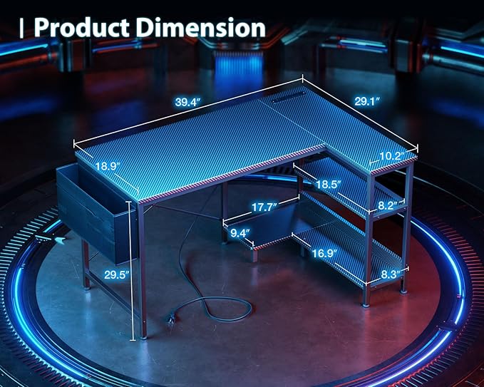 ODK 40 Inch Small L Shaped Gaming Computer Desk with Power Outlets,Corner Desk with Reversible Storage Shelves & PC Stand for Small Space, Modern Simple Home Office Table, Carbon Fiber Surface, Black - LeafyLoom