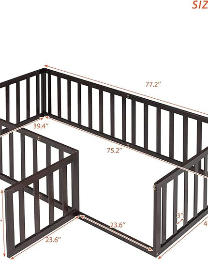 Multifunctional Twin Size Floor Bed with Safety Guardrails and Door, Montessori Sturdy Solid Wood Beds Frame, Easy Assembly and No Spring Need, for Boys and Girls Room, Walnut - LeafyLoom