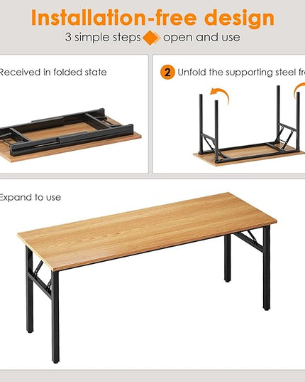 Need Computer Desk Office Desk 55 inches Folding Table Computer Table Workstation No Install Needed,Teak Black AC5BB-140X - LeafyLoom