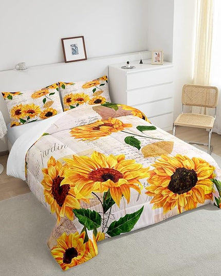 Girls Sunflowers Comforter Set Twin Size Retro Yellow Sunflower Bedding Set for Kids Teens Women Botanical Flowers Duvet Insert Vintage Floral Letters Down Comforter Kids Bedding Set, 2 Pieces - LeafyLoom