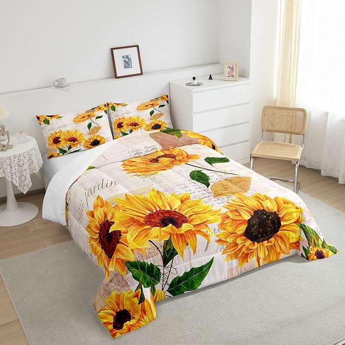 Erosebridal Women Retro Floral Bedding King Size Yellow Sunflowers Comforter Set for Girls Female Rustic 3D Flowers Duvet Insert Ultra Soft Lightweight Quilted Comforter with 2 Pillowcases - LeafyLoom