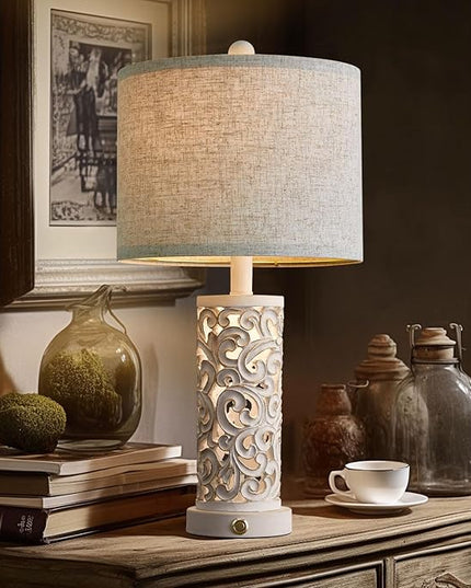 OYEARS 3-Way Dimmable 22'' Table Lamp Set of 2 for Living Room Bedroom Farmhouse Vintage Retro Bedside Lamps Touch Control with USB Ports Linen Shade for Home Office (Wash White, Bulb Included) - LeafyLoom