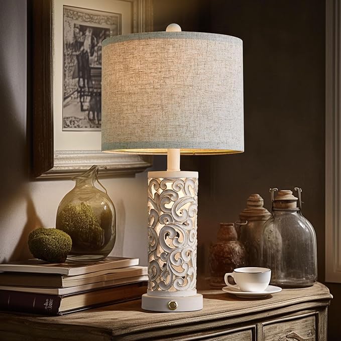 OYEARS 3-Way Dimmable 22'' Table Lamp Set of 2 for Living Room Bedroom Farmhouse Vintage Retro Bedside Lamps Touch Control with USB Ports Linen Shade for Home Office (Wash White, Bulb Included) - LeafyLoom