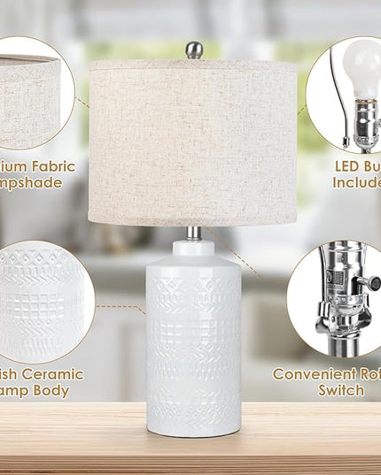 White Ceramic Table Lamp with Beige Shade: 3-Way Dimmable Night Stand Light Lamp 24.5" Modern Table Lamps for Living Room Bedroom End Table Office Entryway Lamps (Bulb Included - LeafyLoom