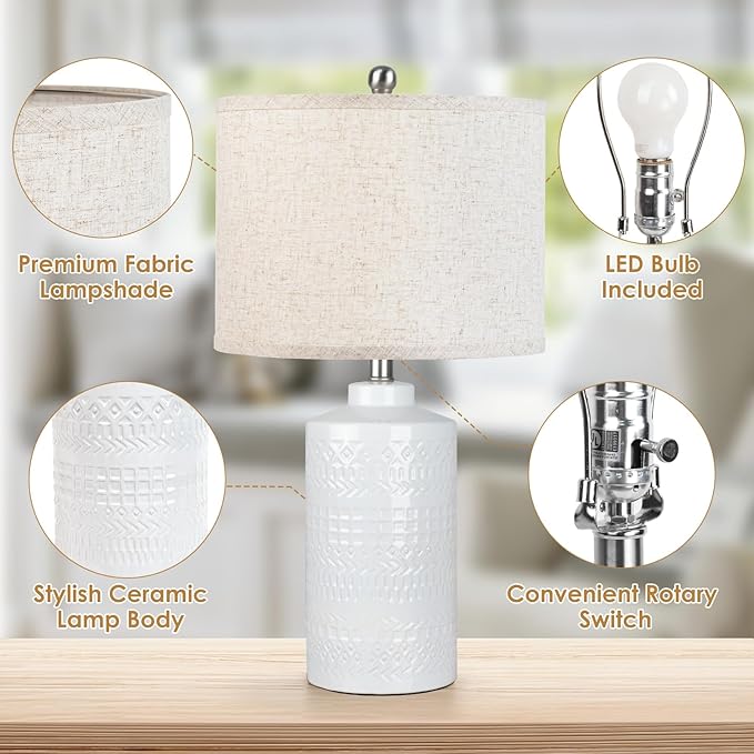 White Ceramic Table Lamp with Beige Shade: 3-Way Dimmable Night Stand Light Lamp 24.5" Modern Table Lamps for Living Room Bedroom End Table Office Entryway Lamps (Bulb Included - LeafyLoom