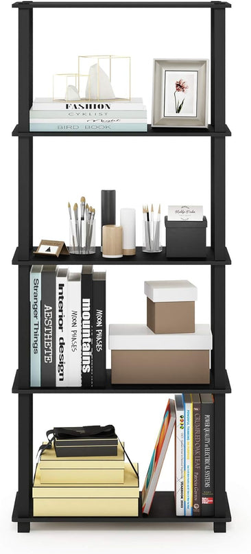 Furinno Turn-N-Tube 5-Tier Multipurpose Shelf / Display Rack / Storage Shelf / Bookshelf, Square Tubes, Americano/Black - LeafyLoom