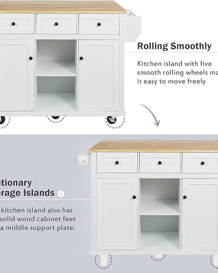 Kitchen Island with Storage on Wheels,Rolling Kitchen Island Cart w/Drop Leaf Countertop,Portable Rolling Cart with 3 Drawers&Tower Rack for Kitchen Dinning Room - LeafyLoom