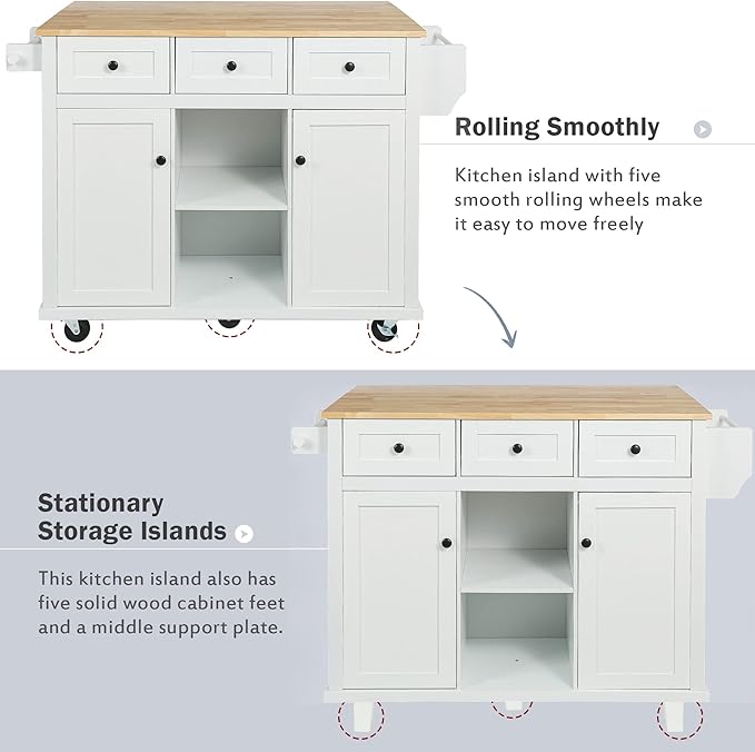 Kitchen Island with Storage on Wheels,Rolling Kitchen Island Cart w/Drop Leaf Countertop,Portable Rolling Cart with 3 Drawers&Tower Rack for Kitchen Dinning Room - LeafyLoom
