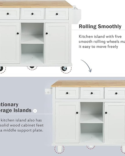 Kitchen Cart with Rubber Wood Drop-Leaf Countertop, Kitchen Island On 5 Wheels with Storage Cabinet, 3 Drawers and Internal Storage Racks, Rolling Mobile Portable Serving Carts (Ivory) - LeafyLoom