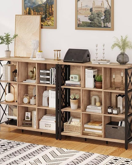 FATORRI 9 Cube Storage Bookshelf, Industrial 4 Shelf Book Shelf, Farmhouse Wood and Metal Cubby Bookcase for Home Office (39.37" W, Rustic Oak) - LeafyLoom