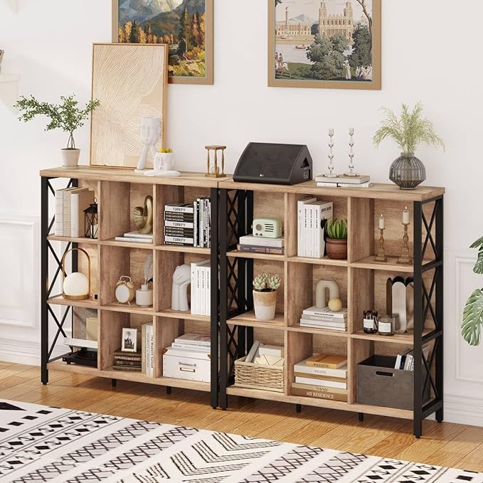 FATORRI 9 Cube Storage Bookshelf, Industrial 4 Shelf Book Shelf, Farmhouse Wood and Metal Cubby Bookcase for Home Office (39.37" W, Rustic Oak) - LeafyLoom