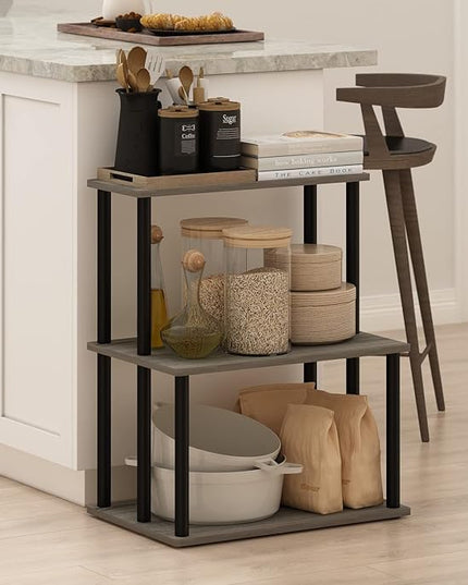 Furinno Turn-N-Tube 3-Tier Toolless Kitchen Storage Shelf, French Oak Grey/Black - LeafyLoom