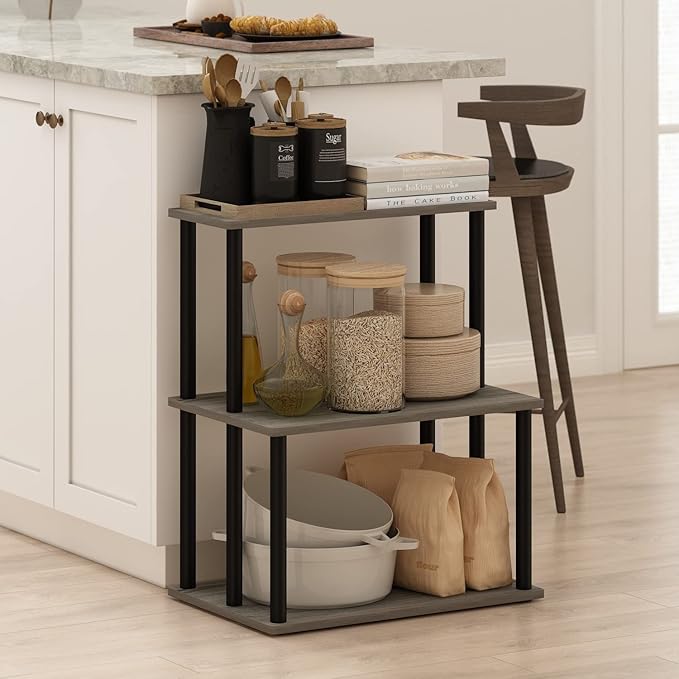 Furinno Turn-N-Tube 3-Tier Toolless Kitchen Storage Shelf, French Oak Grey/Black - LeafyLoom