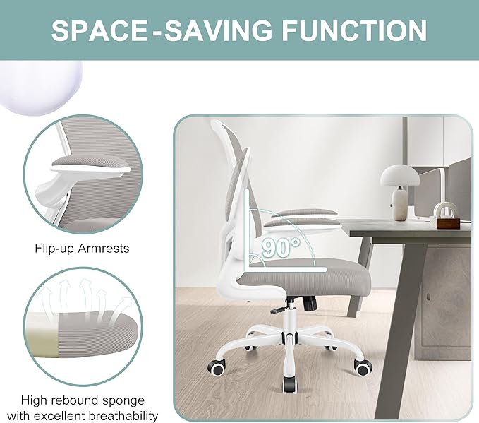 Ergonomic Office Chair, Lumbar Support Desk Chair with Flip-up Armrest and Breathable Mesh, Height Adjustable Swivel Office Chair LightGray - LeafyLoom
