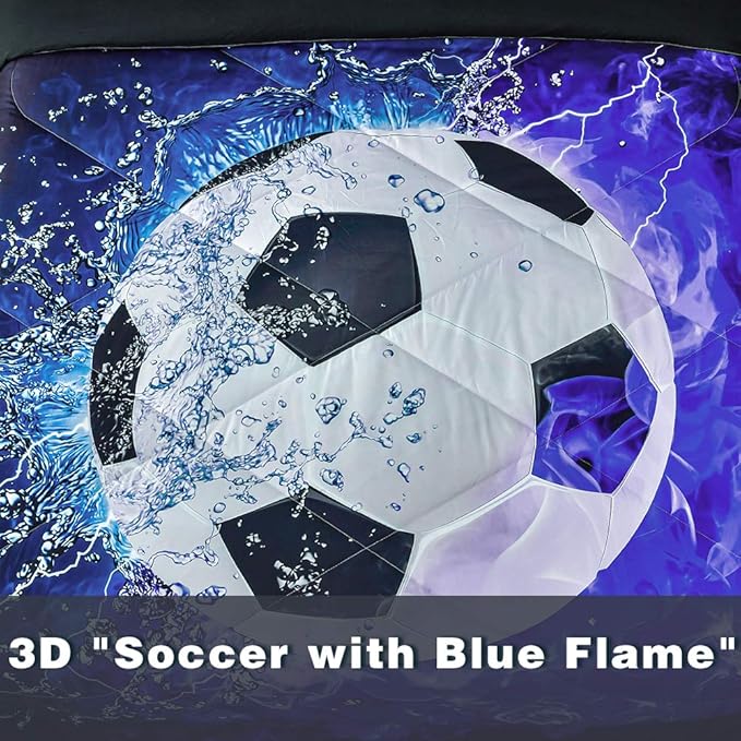 Andency 3D Soccer Comforter Queen(90x90 Inch), 3 Pieces(1 Soccer Comforter, 2 Pillowcases) Blue Flame Soccer Comforter Sport Microfiber Bedding Set for Boy Girl Kids Teens - LeafyLoom