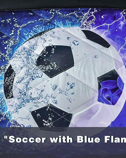 Andency Soccer Comforter Twin(66x90 Inch), 2 Pieces(1 Soccer Comforter, 1 Pillowcase) Blue Flame Soccer Comforter Set Sport Microfiber Bedding Set for Boy Girl Kids, Teen - LeafyLoom