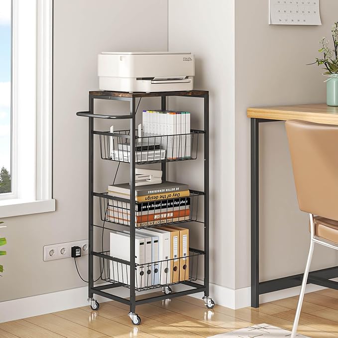 AIYAKA Kitchen Storage Cart 4 Tier Utility Rolling Microwave Cart on Wheels with Pull-Out Baskets and Wood Top for laundry room pantry bathroom, Brown - LeafyLoom