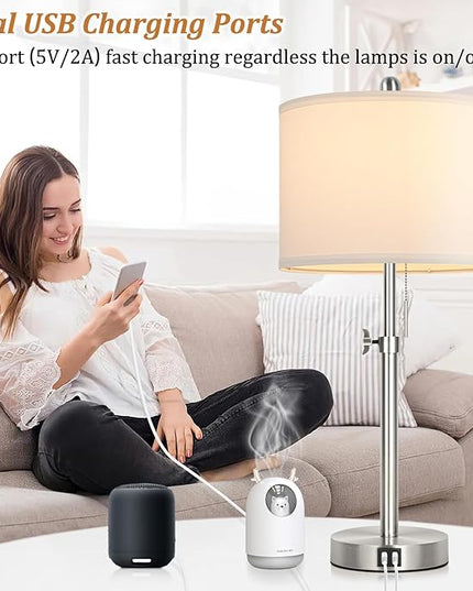 Table Lamp Set of 2 for Bedroom, Bedside Lamp with 2 USB Ports, 23" to 30" Height Adjustable Tall Table Lamp for Living Room End Tables, Modern Silver Nightstand Lamp with Pull Chain - LeafyLoom