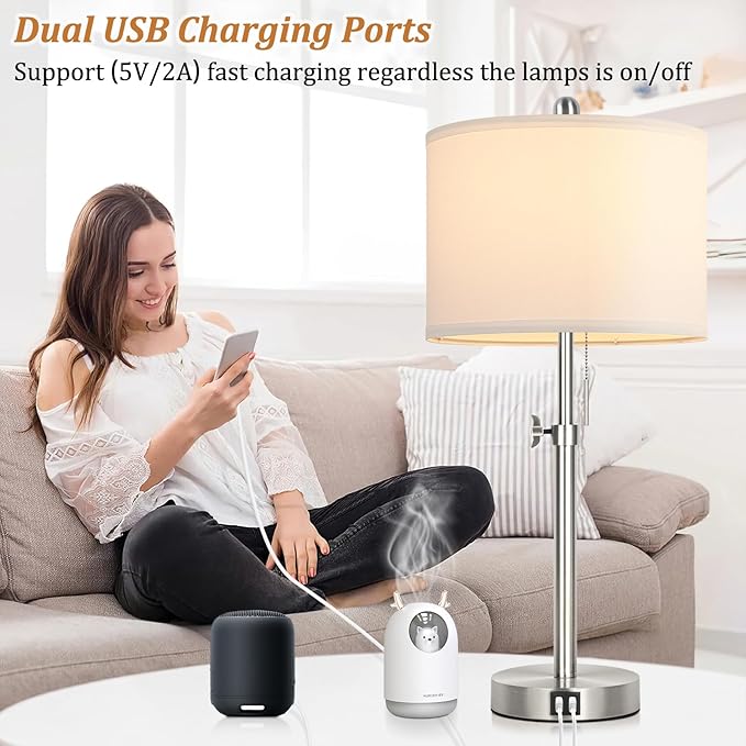 Table Lamp Set of 2 for Bedroom, Bedside Lamp with 2 USB Ports, 23" to 30" Height Adjustable Tall Table Lamp for Living Room End Tables, Modern Silver Nightstand Lamp with Pull Chain - LeafyLoom
