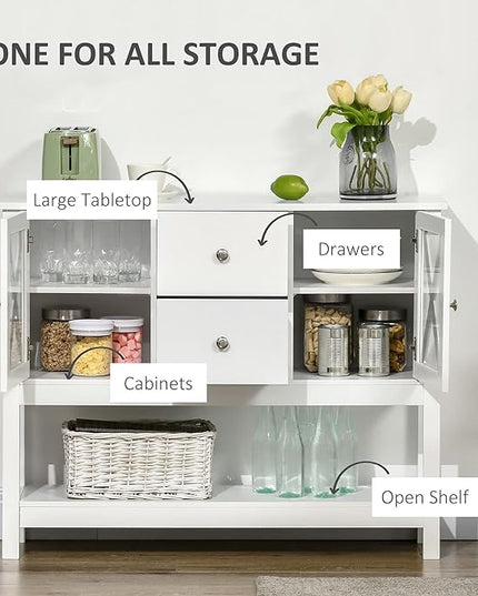 HOMCOM Coffee Bar Cabinet, Sideboard Buffet Cabinet, Kitchen Cabinet with Storage Drawers and Glass Door for Living Room, Entryway, White - LeafyLoom