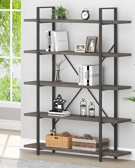 HSH 5 Shelf Bookcases and Book Shelves,Industrial Modern 5 Tier Tall Bookshelf, Rustic Wood and Metal Large Book Shelf for Bedroom Living Room,Vintage Open Wide Vertical Etagere Book Case, Dark Gray - LeafyLoom