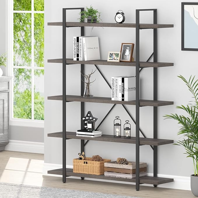 HSH 5 Shelf Bookcases and Book Shelves,Industrial Modern 5 Tier Tall Bookshelf, Rustic Wood and Metal Large Book Shelf for Bedroom Living Room,Vintage Open Wide Vertical Etagere Book Case, Dark Gray - LeafyLoom