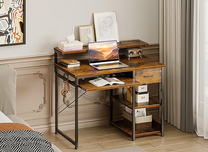 AODK Small Computer Desk with Keyboard Tray, 40 Inch Office Desk with Power Outlet, Work Desk with Drawer, Reversible Desk with Adjustable Monitor Shelf and Storage Shelf for Home, Rustic Brown - LeafyLoom