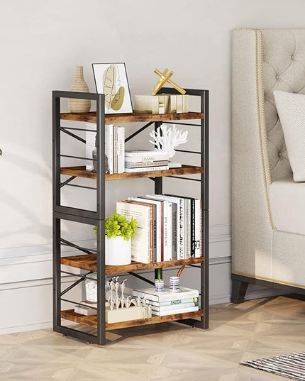 Bookshelf, 4 Tier Stackable Bookcase, Adjustable Industrial Book Shelf Storage Organizer for Desktop, Living Room, Bedroom, Office(Rustic Black and Brown) - LeafyLoom