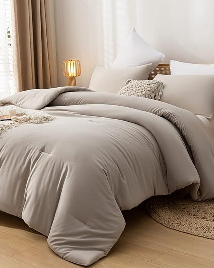 Queen Comforter Solid Color 3PCS Boho Bed Comforter Set Queen Size Tannish Grey Soft Lightweight Down Alternative Microfiber Comforter for All Season (1 Comforter, 2 Pillowcases) - LeafyLoom