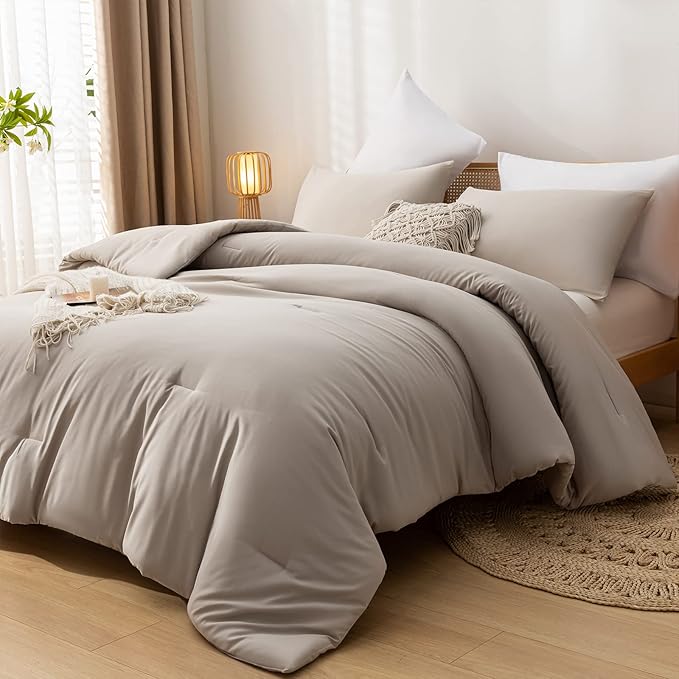 Queen Comforter Solid Color 3PCS Boho Bed Comforter Set Queen Size Tannish Grey Soft Lightweight Down Alternative Microfiber Comforter for All Season (1 Comforter, 2 Pillowcases) - LeafyLoom