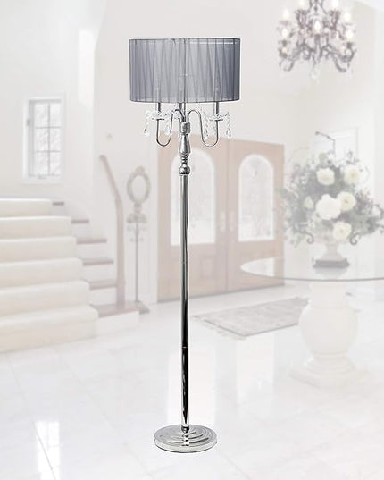 Elegant Designs LF1002-GRY Romantic Cascading Crystal and Chrome Drum Shade Floor Lamp, Gray - LeafyLoom