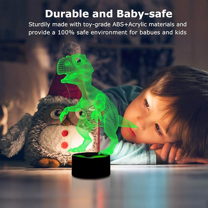 Night Lights for Kids Dinosaur 3D Night Light Lamp Wiscky 7 LED Colors Changing Touch Table Desk Lamps Decorative Lighting Pretty Cool Toys Gifts Birthday Holiday Xmas for Baby Nursery Toddler Friends - LeafyLoom