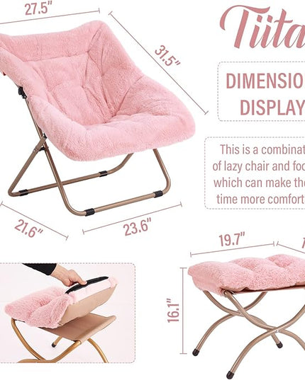 Tiita Saucer Chair with Ottoman, Soft Faux Fur Oversized Folding Accent Chair,Lounge Lazy Chair, Metal Frame Moon Chair for Bedroom, Living Room, Dorm Rooms, Garden and Courtyard - LeafyLoom