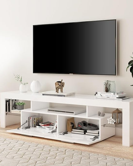 Clikuutory Modern LED 71 inch long TV Stand with Storage Drawer for 50 55 60 65 70 75 80 Inch TVs, White Wood TV Console with High Glossy Entertainment Center for Gaming, Living Room, Bedroom - LeafyLoom