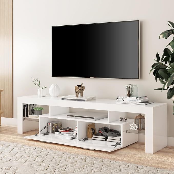 Clikuutory Modern LED 71 inch long TV Stand with Storage Drawer for 50 55 60 65 70 75 80 Inch TVs, White Wood TV Console with High Glossy Entertainment Center for Gaming, Living Room, Bedroom - LeafyLoom
