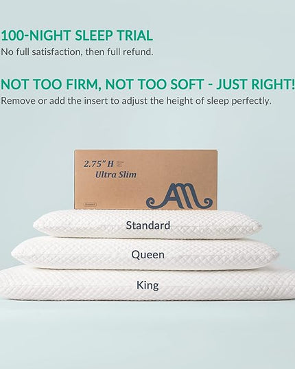 AM AEROMAX 2.75 Inches Queen Size Hyper Slim Memory Foam Pillow for Stomach and Back Sleepers - Thin, Flat Design for Cervical Neck Alignment and Deeper Sleep. - LeafyLoom