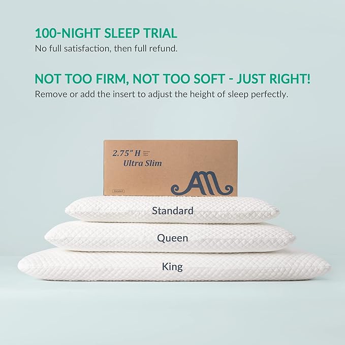 AM AEROMAX 2.75 Inches Queen Size Hyper Slim Memory Foam Pillow for Stomach and Back Sleepers - Thin, Flat Design for Cervical Neck Alignment and Deeper Sleep. - LeafyLoom