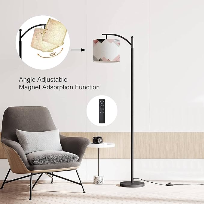 Modern Arc Floor Lamp with Dimmer Mid Century Marble Rose Trendy Minimalist Geometric Style Stone foil Glitter Metal Standing Lamp with Linen Shade Footswitch for Living Room Bedroom Office - LeafyLoom